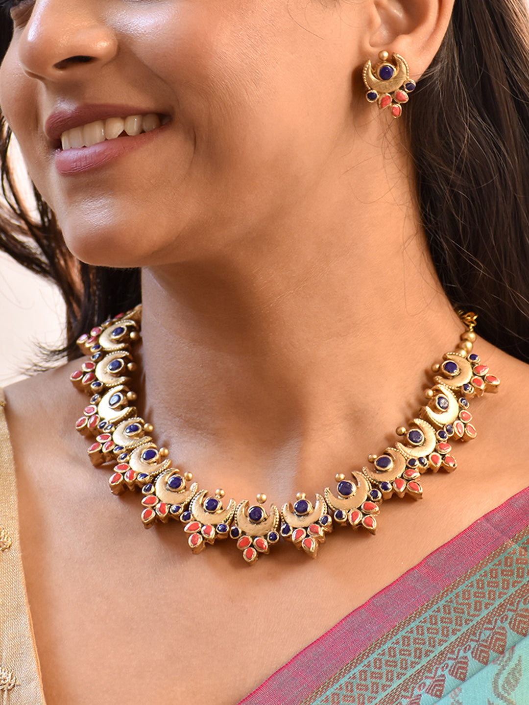 Antique Gold-Toned Crescent Terracotta Choker Set with Blue and Pink Enamel Accents