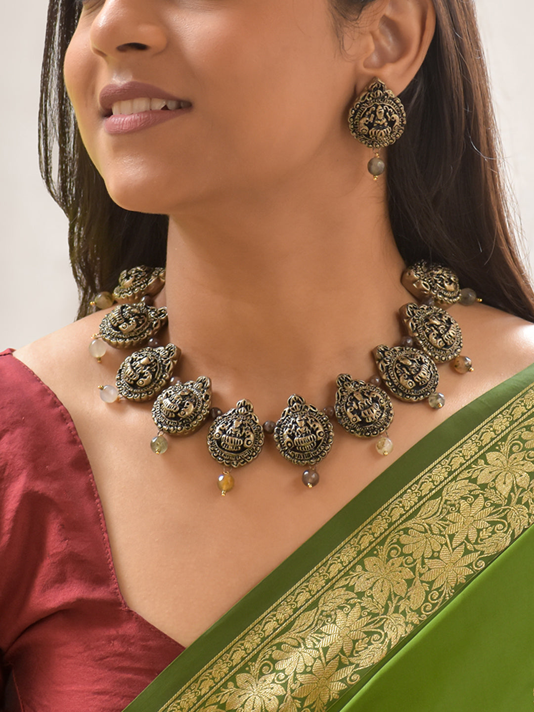 Handcrafted Terracotta Antique Gold Necklace Set with Lord Lakshmi Motifs and Beaded Drops