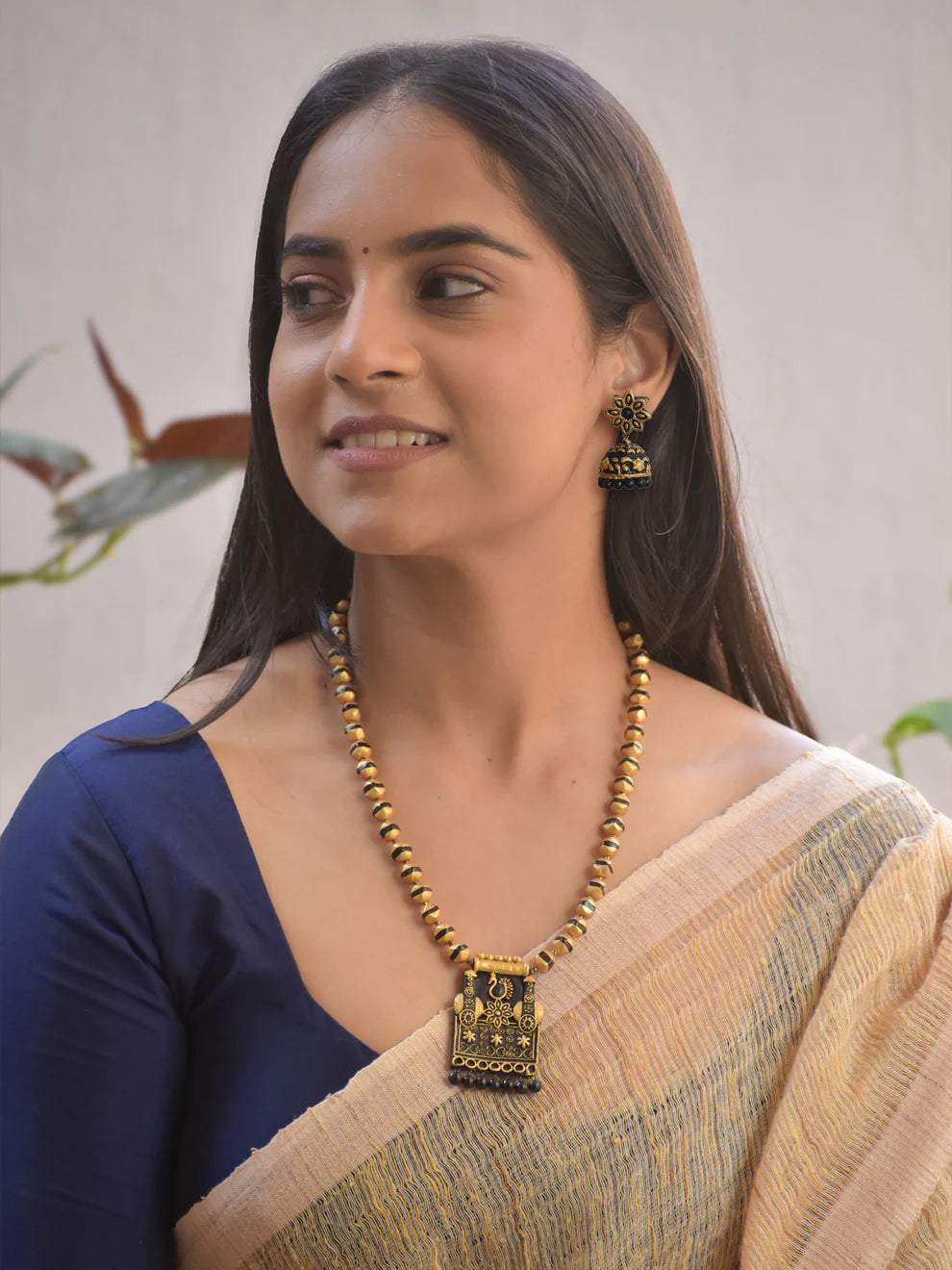 Handmade Terracotta Antique Gold and Black Temple Pendant Necklace