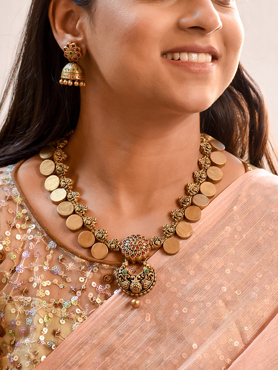 Beautifully Handmade Antique Gold Coin Design Terracotta Jewellery Set