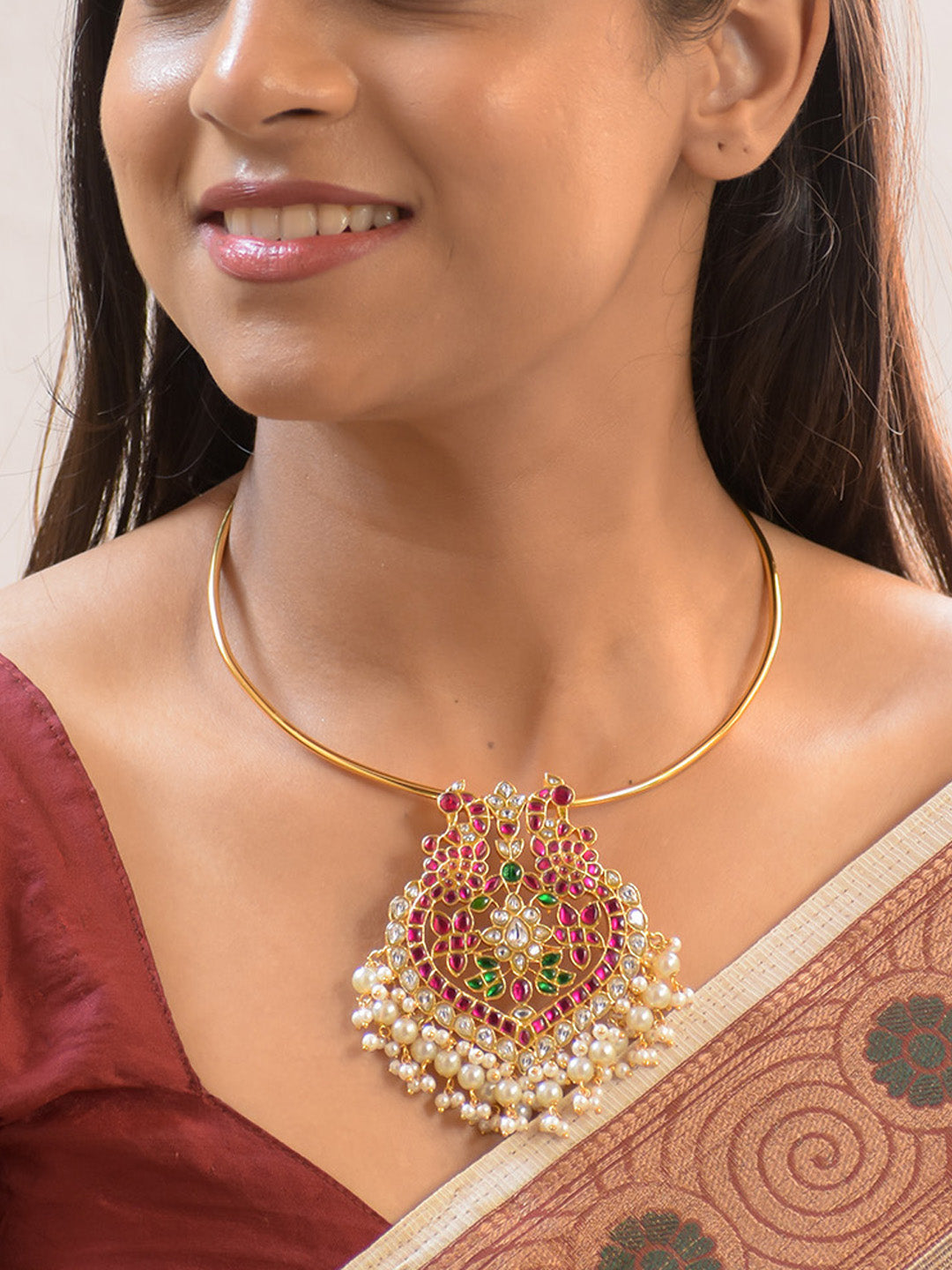 Premium Carfted 18K Gold Plated Jadau Kundan Peacock Hasli with Pearl Drops