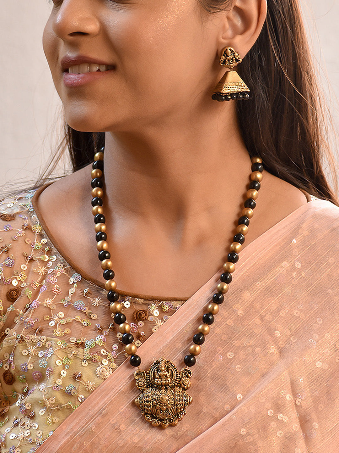 Handmade Temple Pendant Terracotta Jewellery Set in Black & Antique Gold Finish