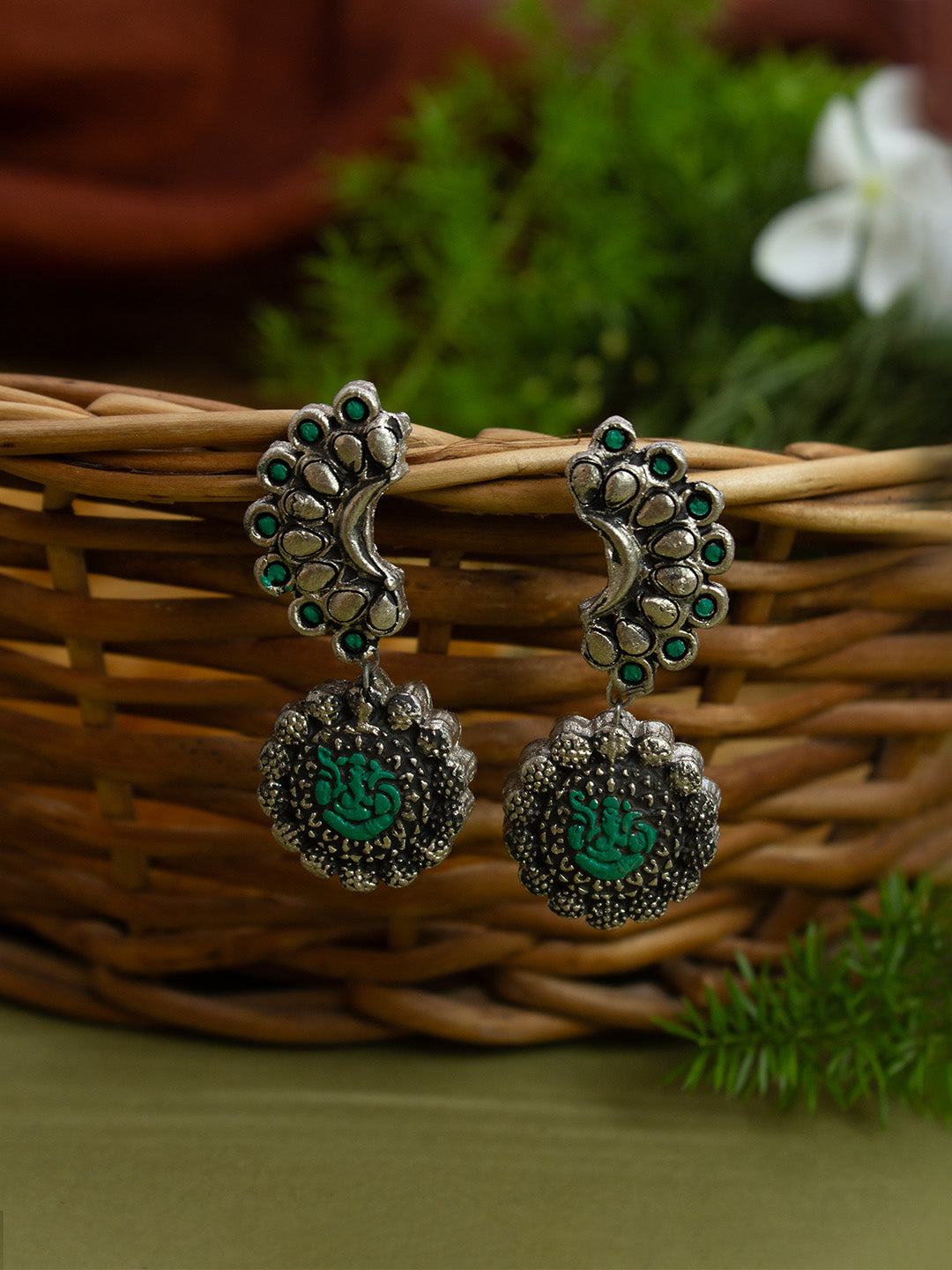 Antique Silver Toned Peacock Design Pendant Terracotta Choker Necklace Set