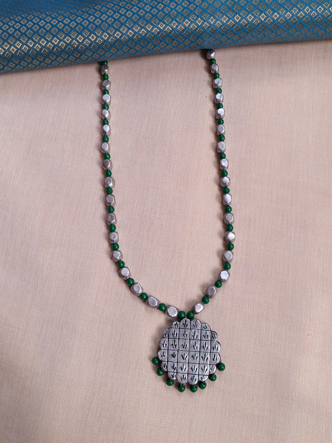 Handmade Terracotta Green and Silver Hand-Painted Beaded Necklace