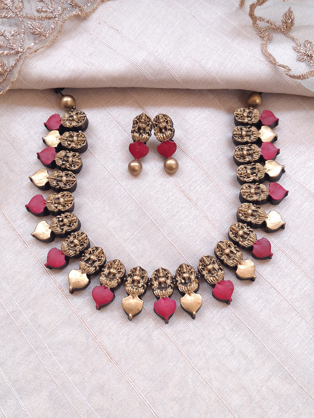 Terracotta Temple Coin Necklace with Red Heart Drops