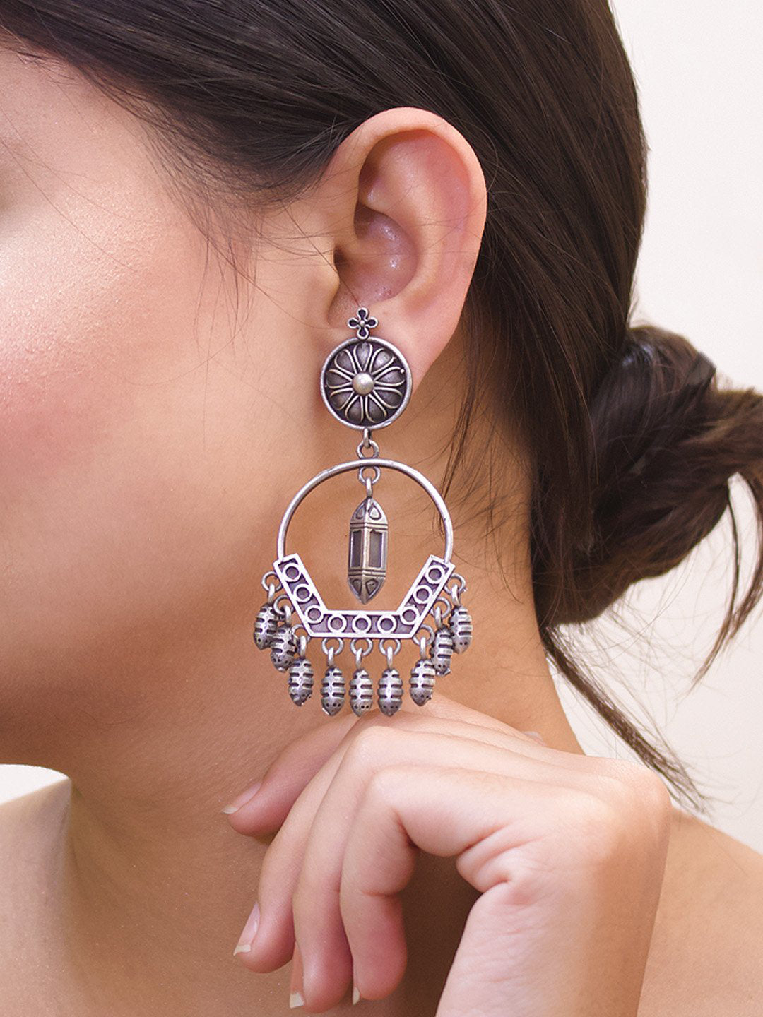 Silver Plated Floral Design Dangler Earring