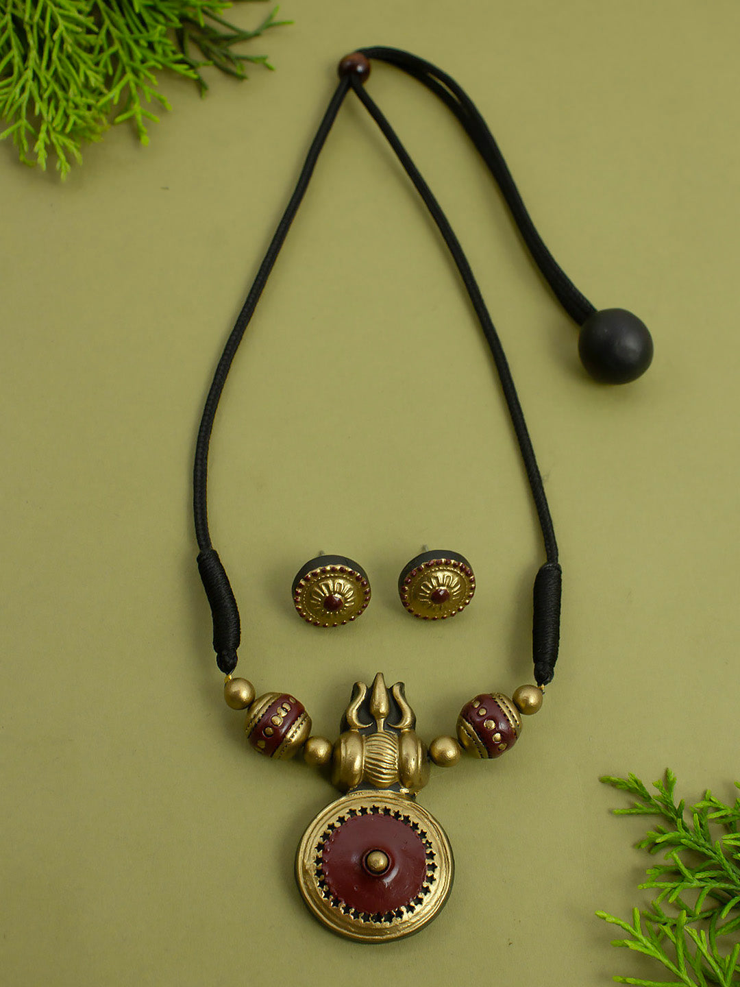 Trinetra — Trishul Design Antique Gold Brown Minimalistic Handmade Terracotta Necklace Set - Kantara