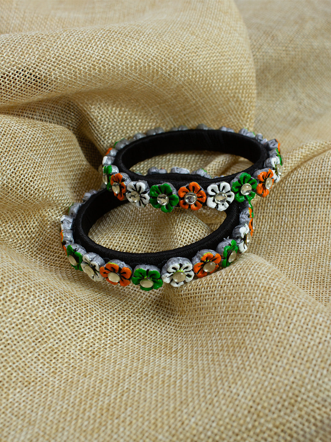 Floral Orange White Green Terracotta Embellishments on Silk Thread Bangles