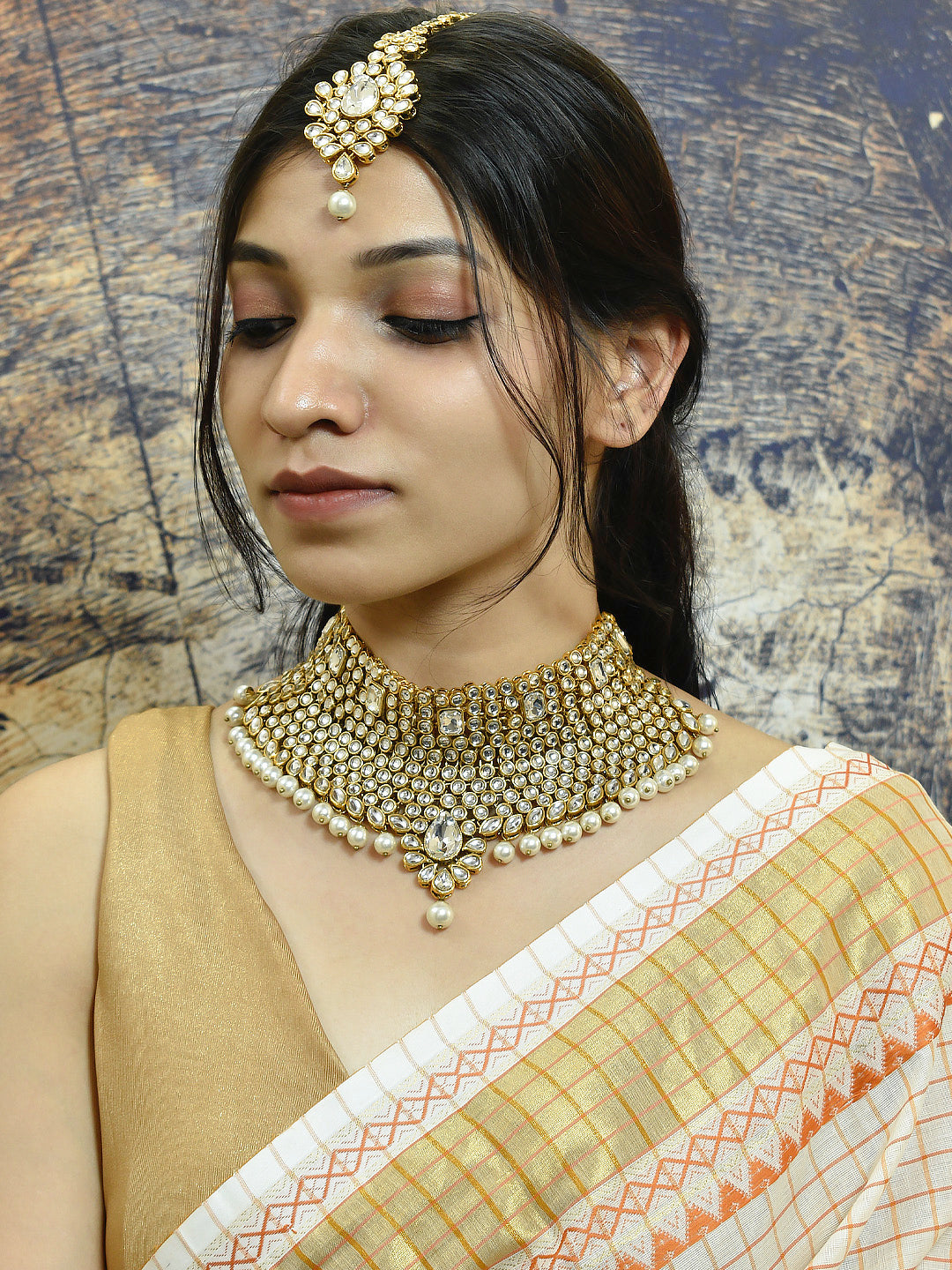 Avismaya Gold Plated Geometric Design Statement With Kundan Stones And Pearls Choker Necklace With Maang Tikka