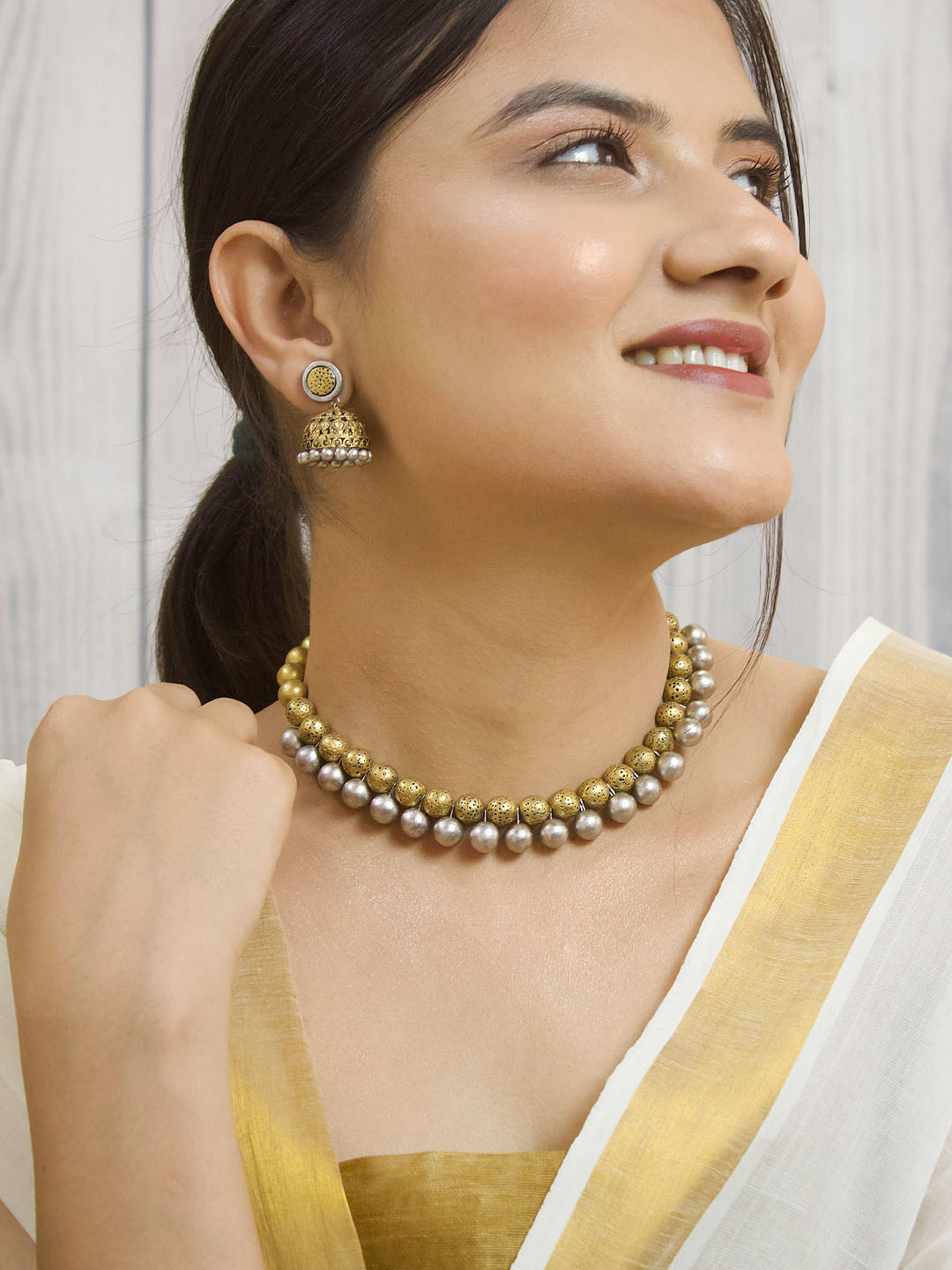 Dwandva Chitra — Dual Toned Geometric Design Beads Terracotta Choker Necklace Set