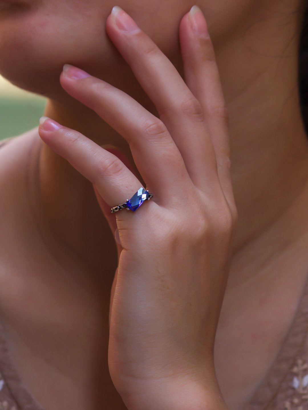 Silver Plated Minus Design Purple Color Finger Ring