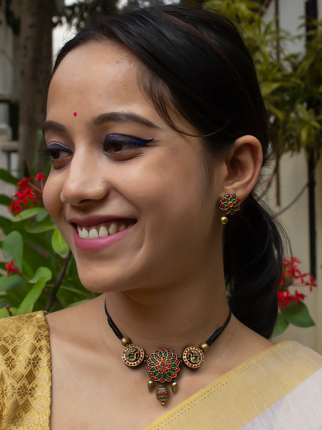 Chakramayura — Mandala Art and Peacock Design Circular Antique Gold Red Green Handmade Terracotta Choker Necklace Set - Kantara