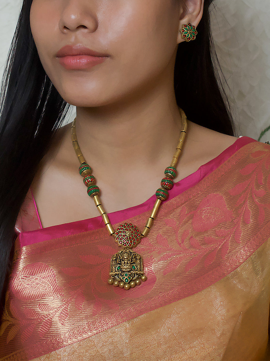 Tarangini — Antique Gold Pink Green Mandala Art and Lakshmi Pendant Temple Tube Design Mala Handmade Terracotta Necklace Set