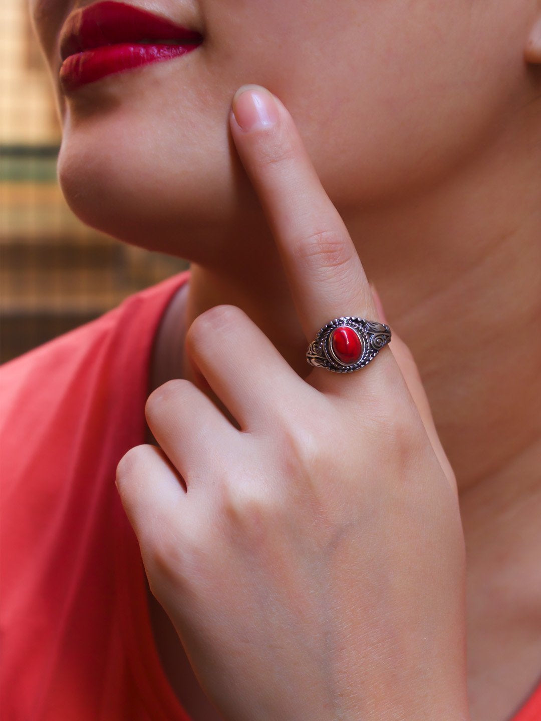 Silver Plated Oval Design Red Color Finger Ring