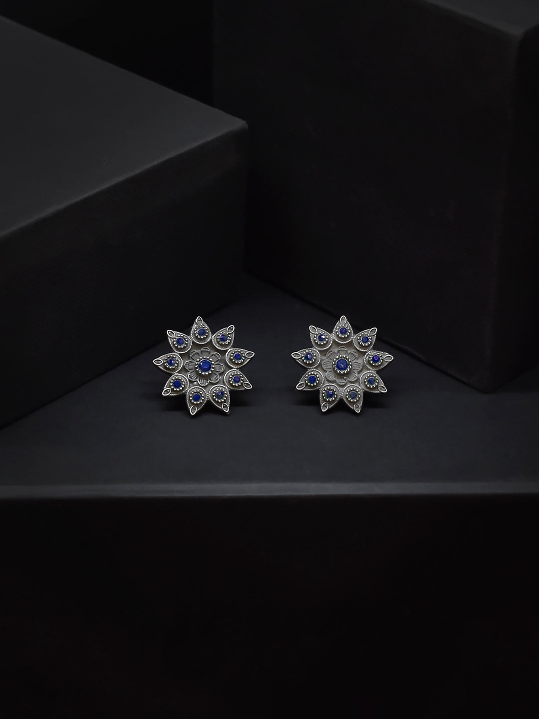 Silver Plated Teardrop Design Navy Color Artificial Stone Stud Earring