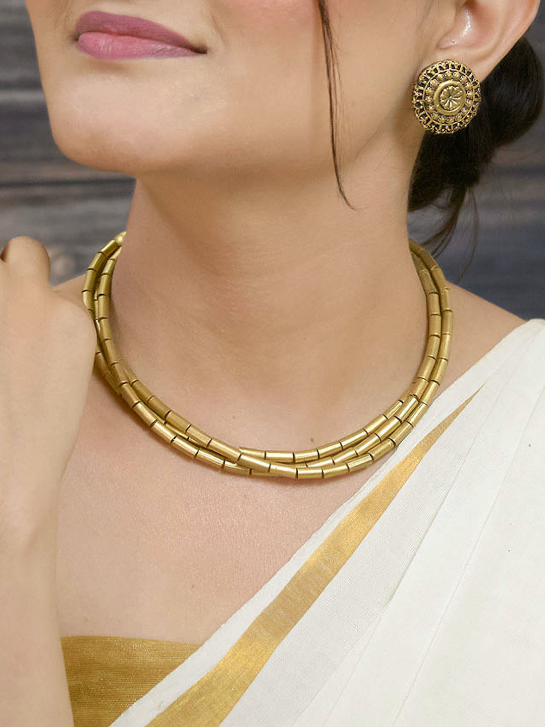 Dhara Vasudha — Antique Gold Toned Multilayered Tube Shape Beads Terracotta Choker Necklace Set