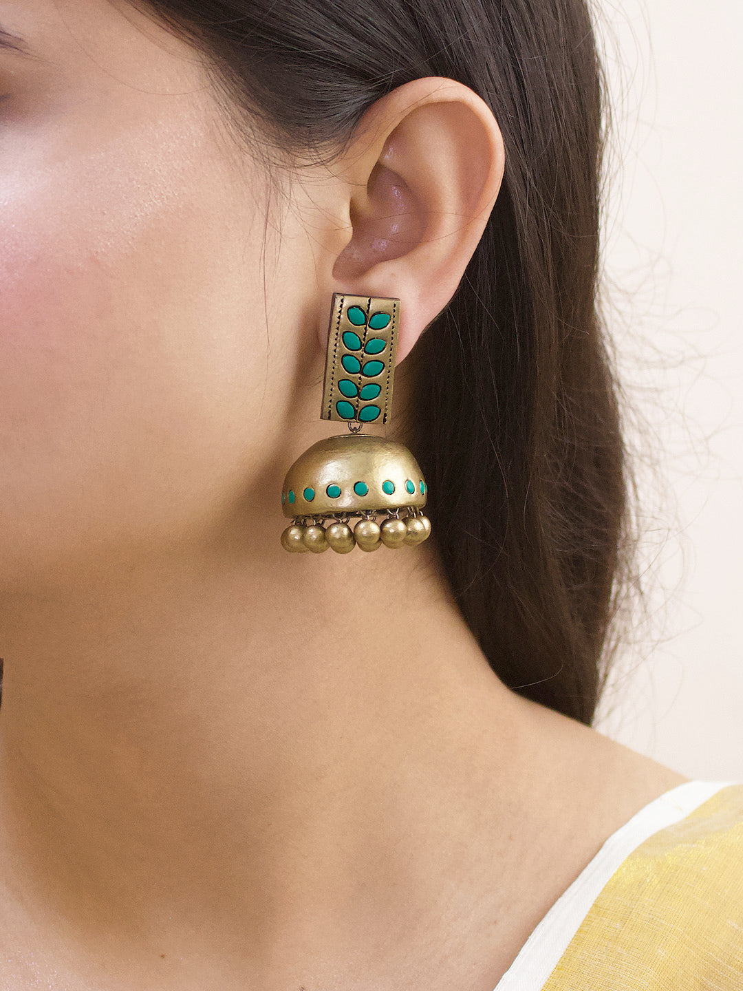 Leaf Design Hand Painted Terracotta Earrings