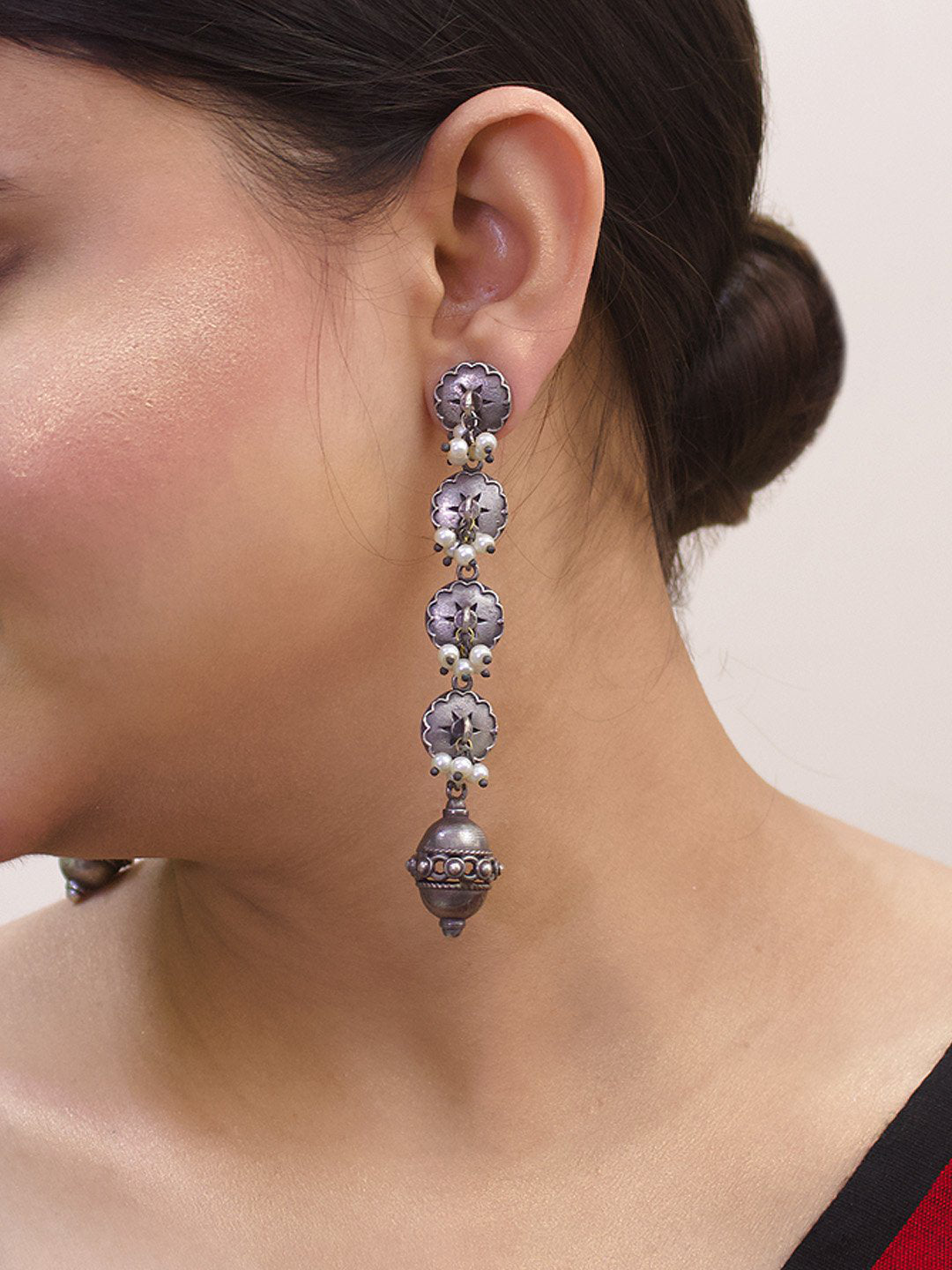 Silver Plated Floral Design With Hanging White Color Pearl Drop Earring