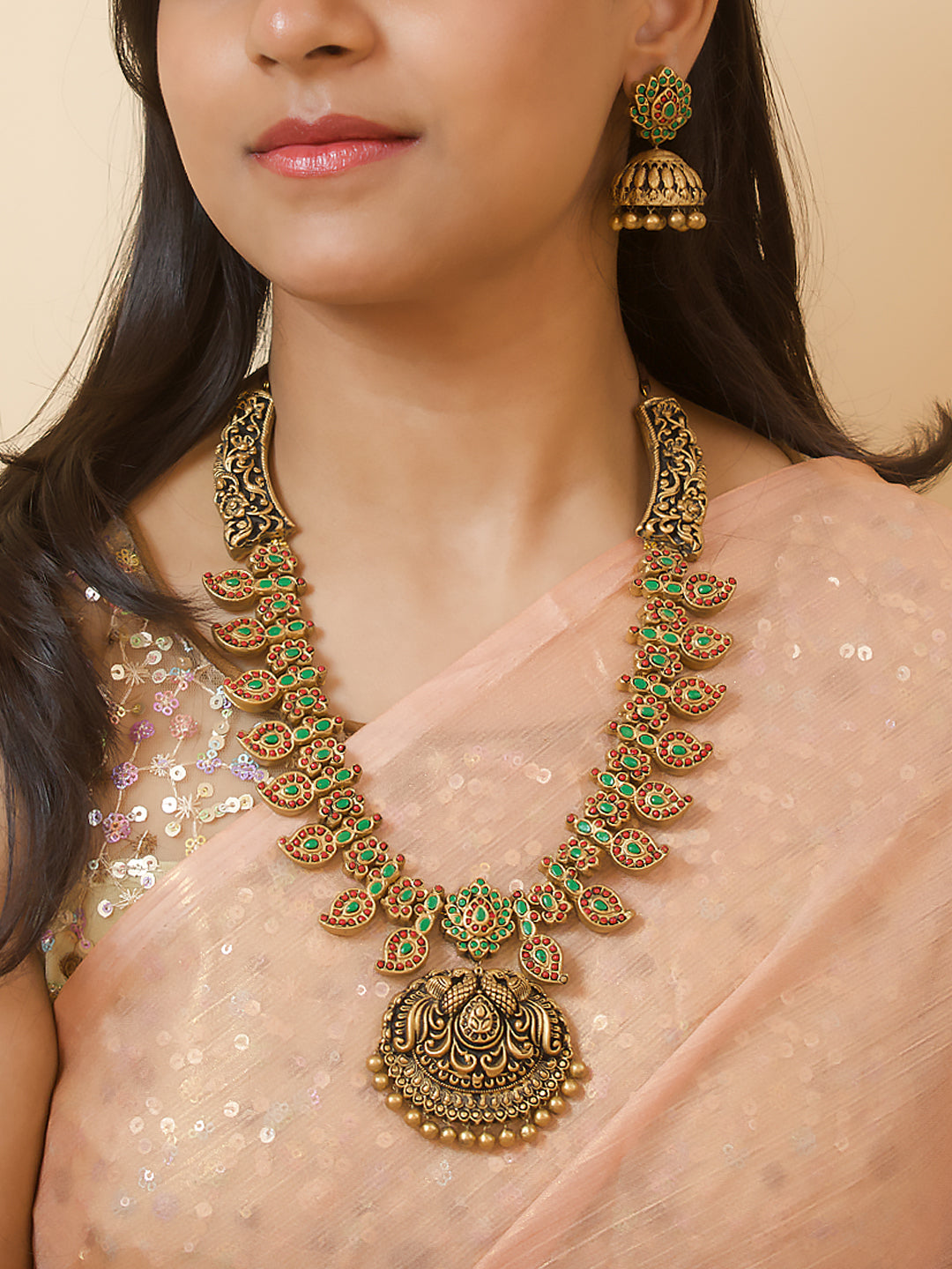 Amrapiccha — Mango Design Peacock Antique Gold Red Green Haram Temple Handmade Terracotta Necklace Set