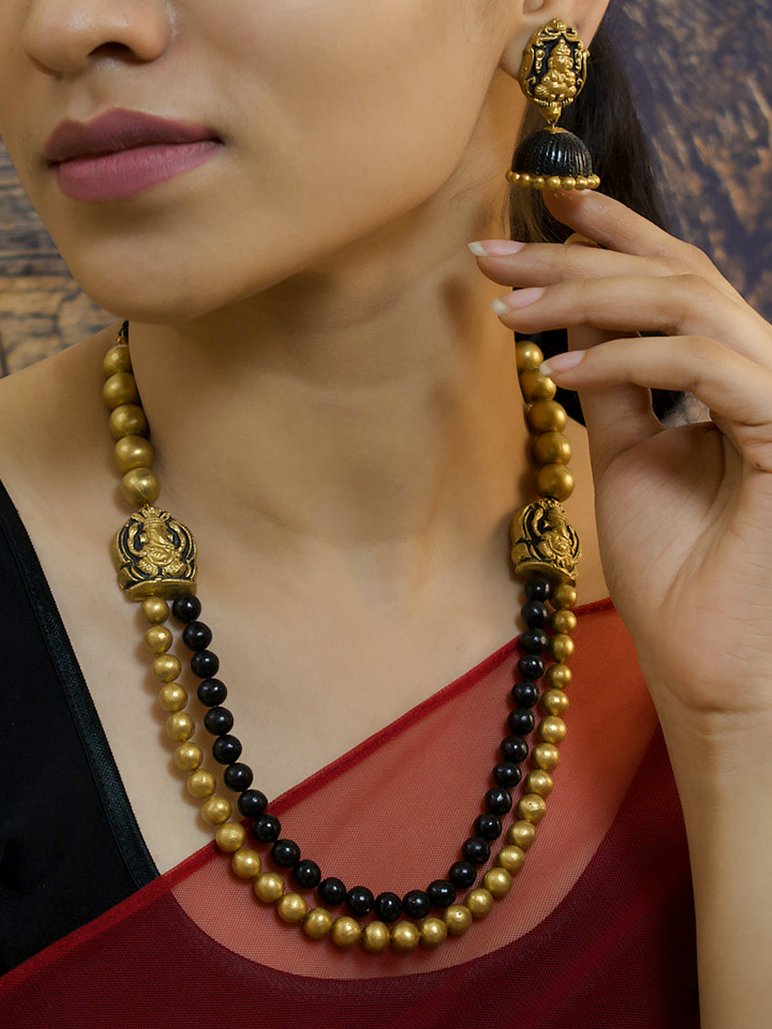 Gajanana — Antique Gold Toned Ganesha Design Black And Gold Color Beads Terracotta Medium Necklace Set