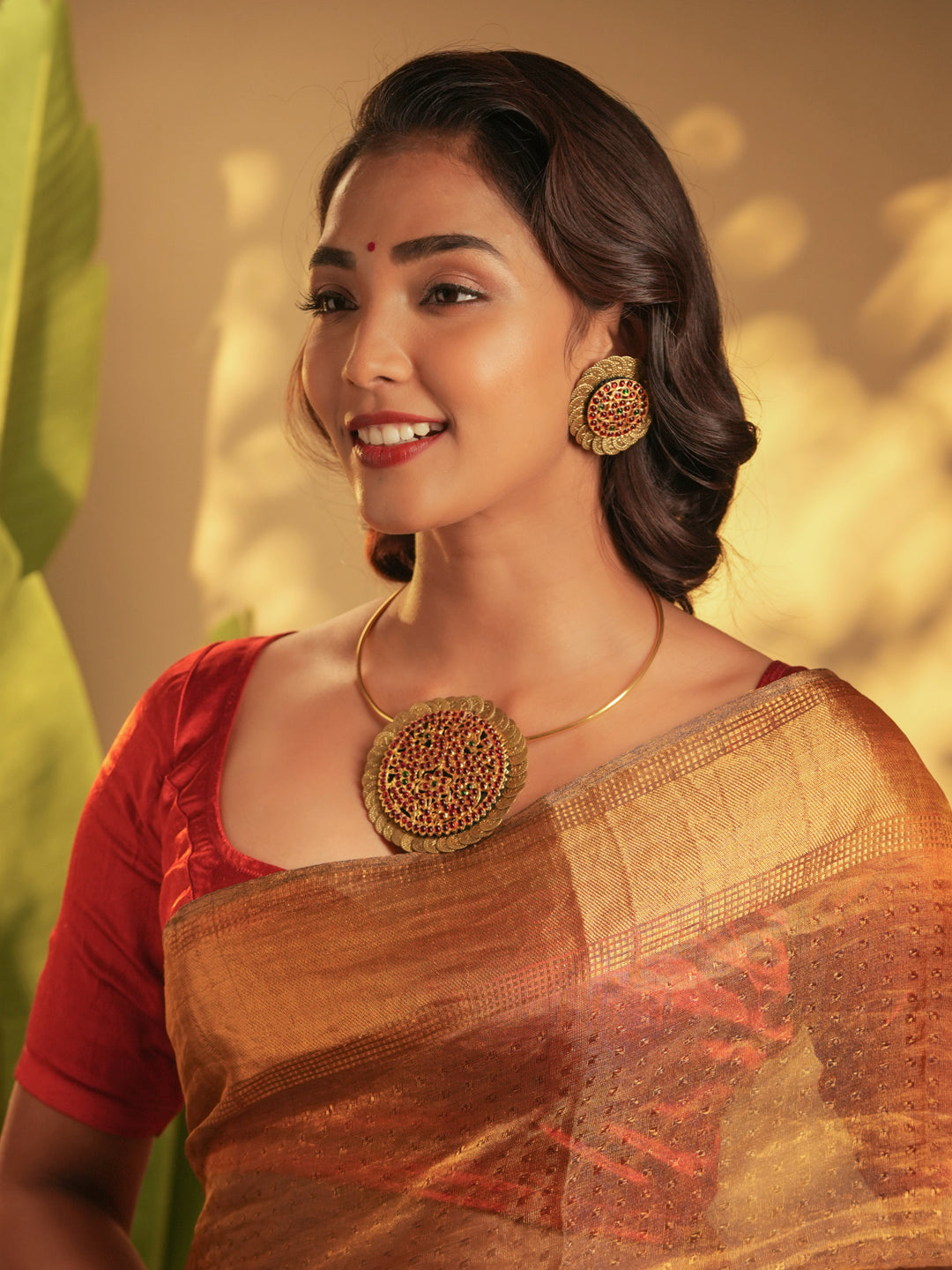 Gold Tone Temple Necklace Set- Coined Haslee Set Celebrity Styles