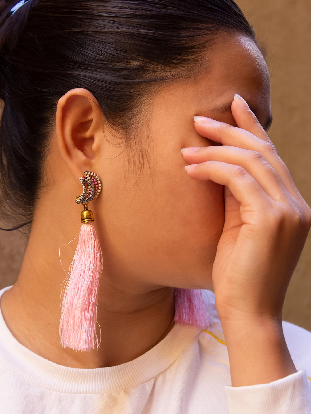 Light Pink Color Tassel Stud Earring