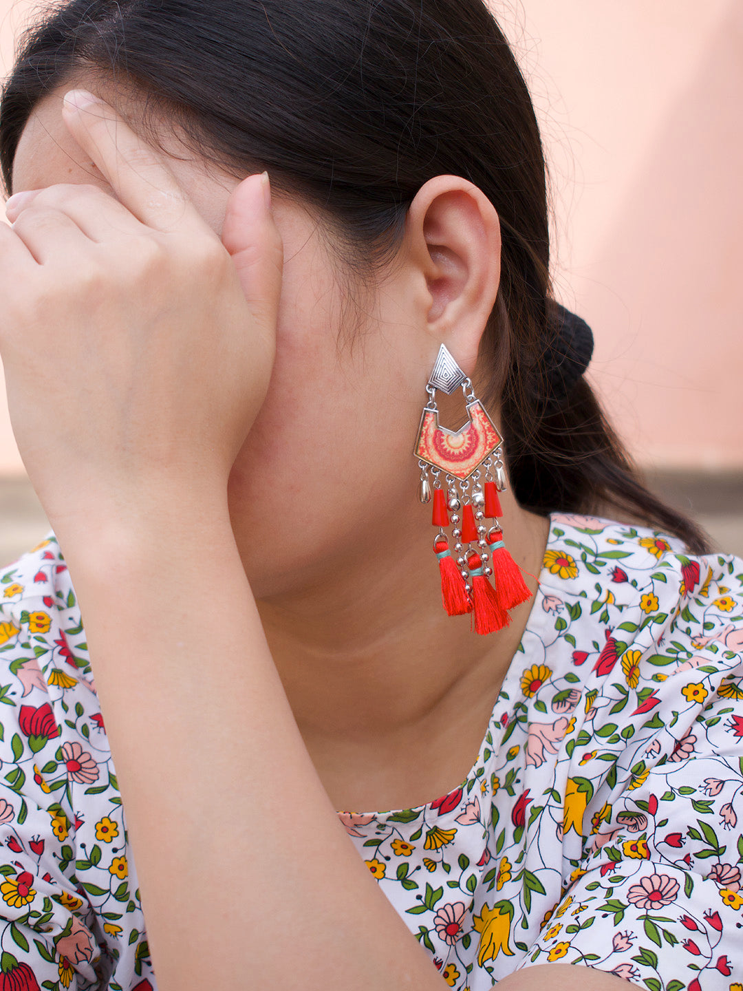 Red Color Tassel With Enamel Paint Earring