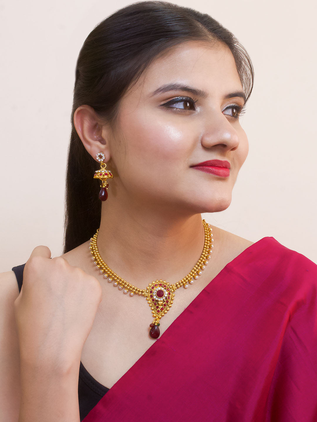 Avismaya Antique Gold Plated 2 Line Necklace With Mango Shape Design Pendant Necklace Set