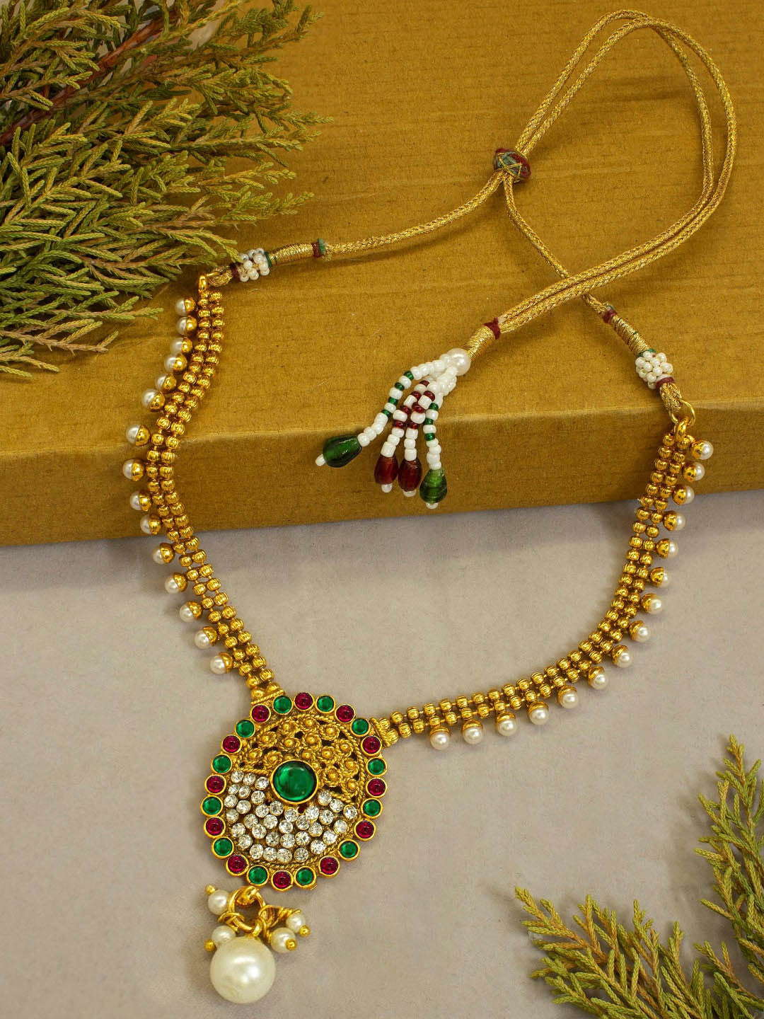 Avismaya Antique Gold Plated 2 Line Necklace With Round Shape Pendant Necklace Set