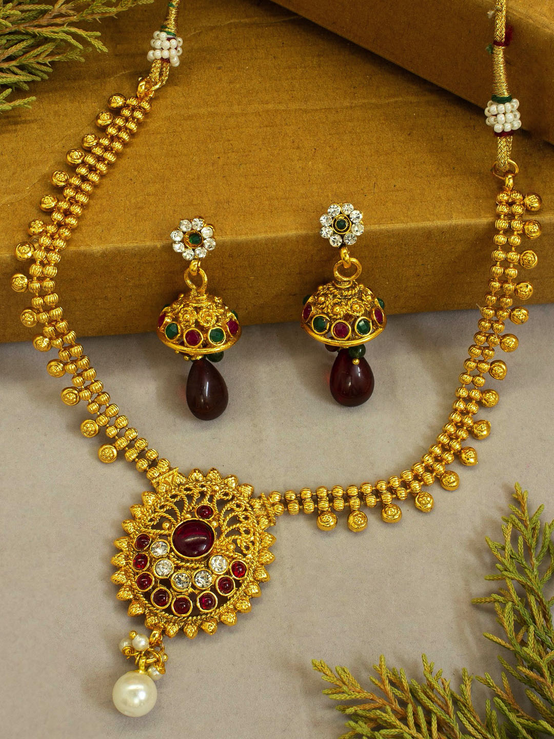 Avismaya Antique Gold Plated 2 Line Necklace With Round Shape Pendant Necklace Set