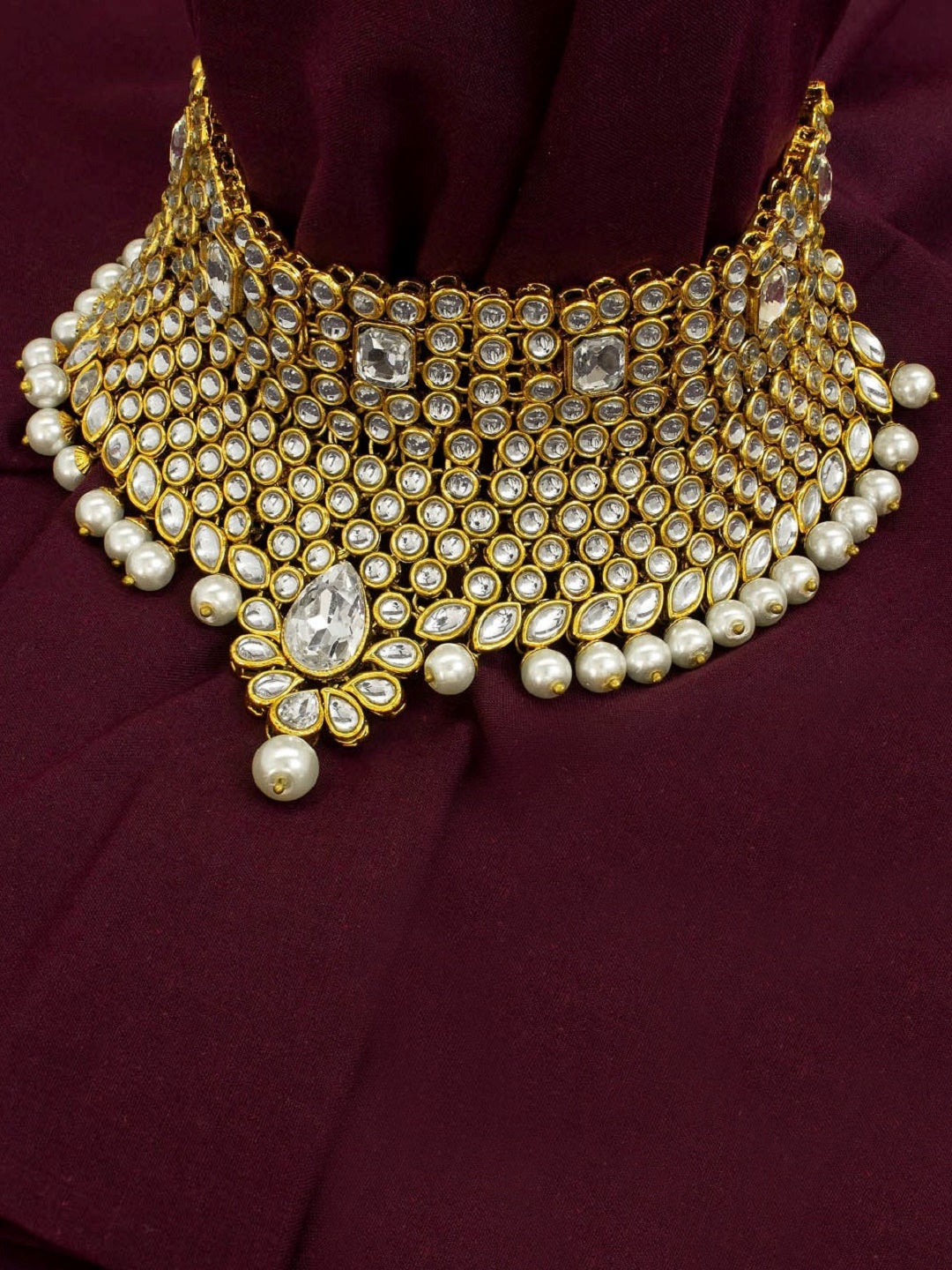 Avismaya Gold Plated Geometric Design Statement With Kundan Stones And Pearls Choker Necklace With Maang Tikka