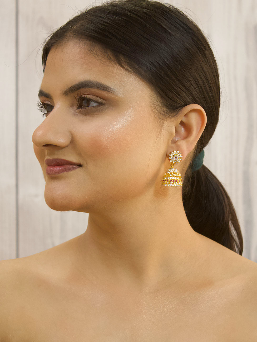 Ruby White & Red Color American Diamond Stones with Pearl dropping Stud Jhumka