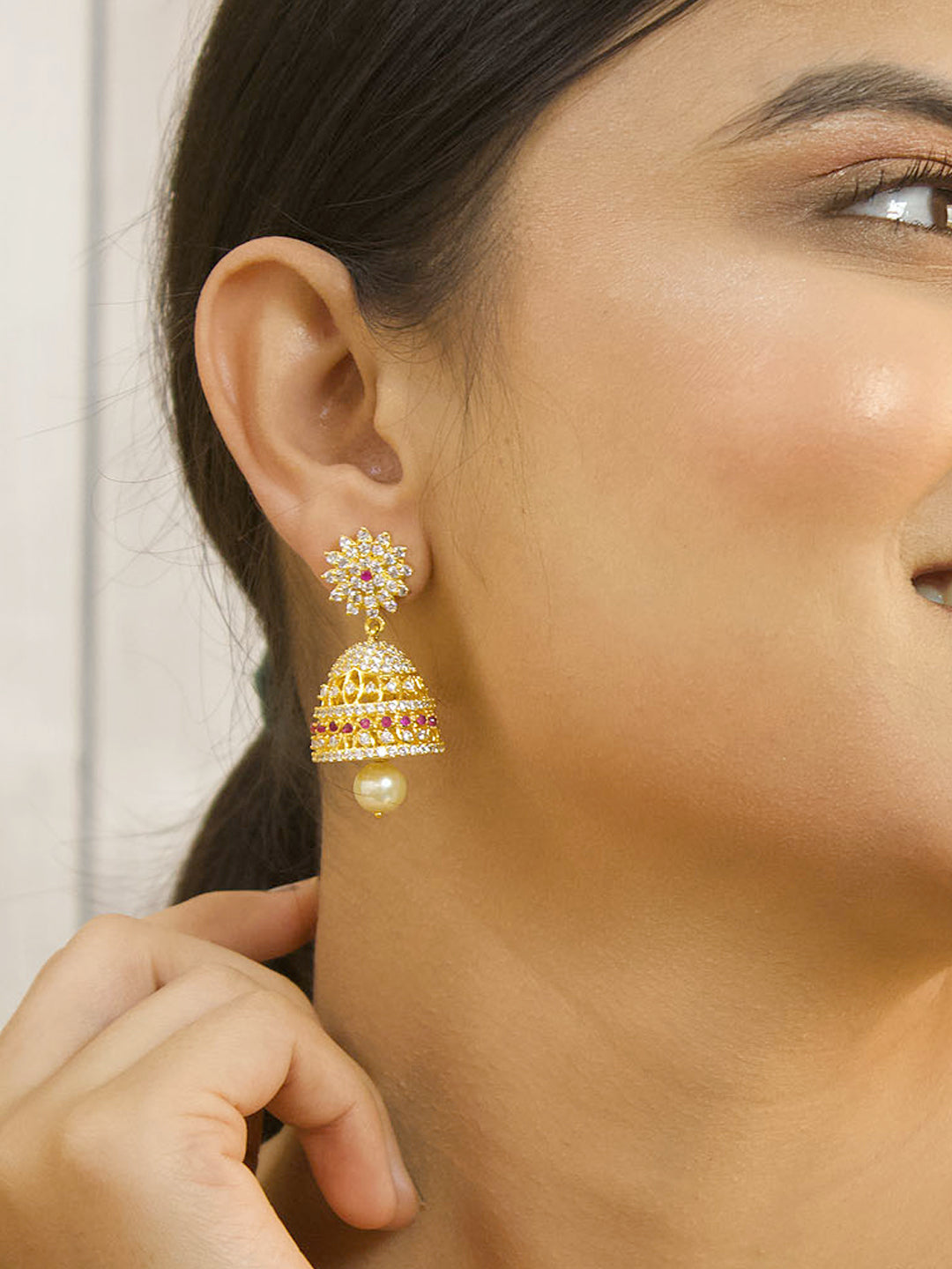 Ruby White & Red Color American Diamond Stones with Pearl dropping Stud Jhumka