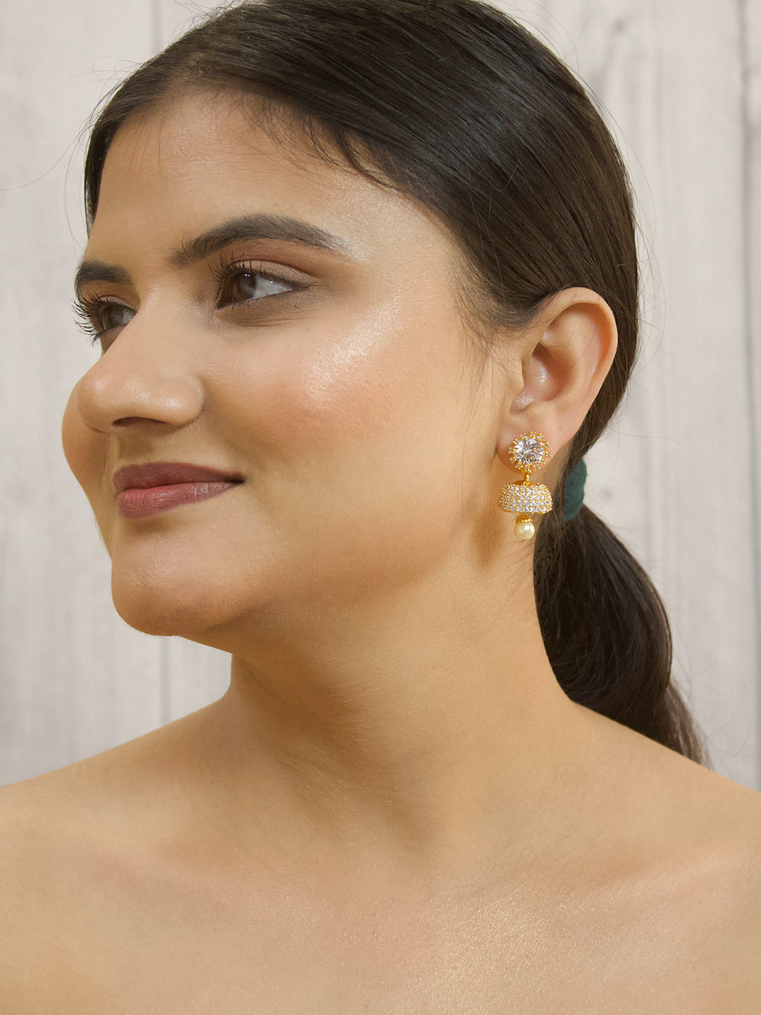 Ruby White Color American Diamond Stones with Pearl dropping Stud Jhumka