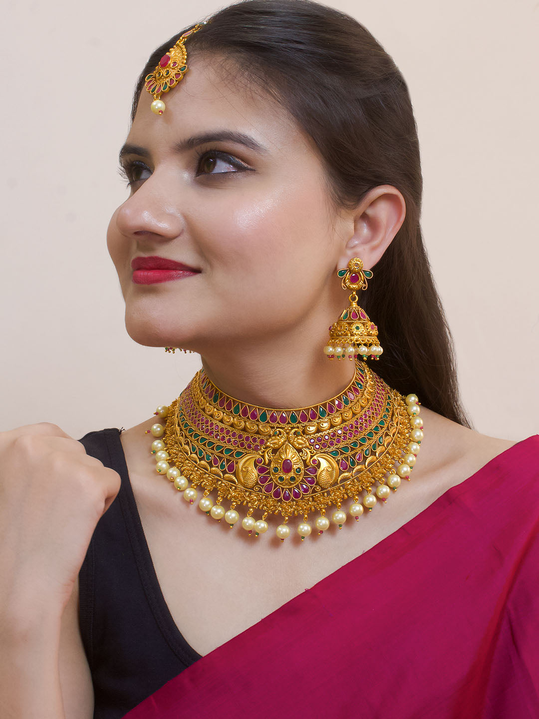 Premium Wedding Designer Wear Premium Gold Plated Lakshmi Design Statement Choker Necklace Set With Maang Tikka