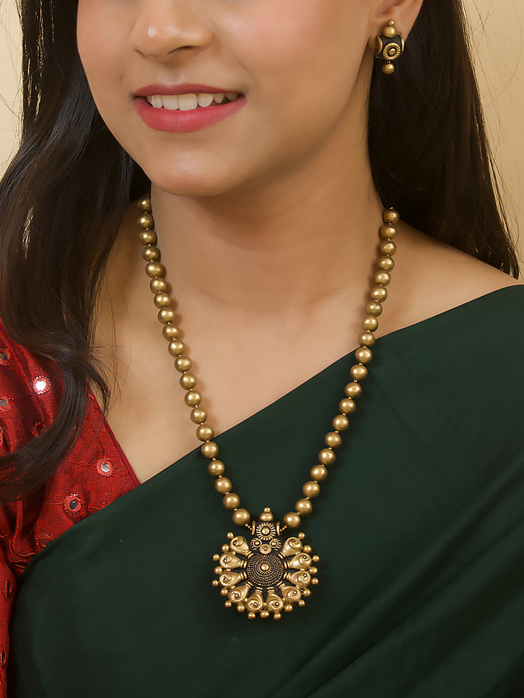 Antique Gold Mandala Design Circular Pendant Mala Handmade Terracotta Necklace Set