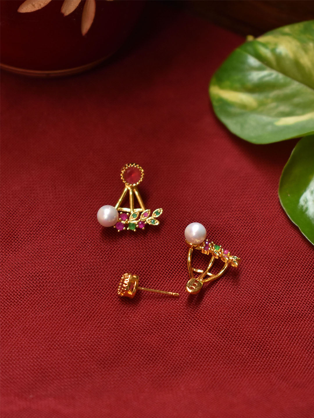 High Quality Gold Plated Pink And Green Color CZ Stones And Ruby Stones Leaf Design Stud Earring