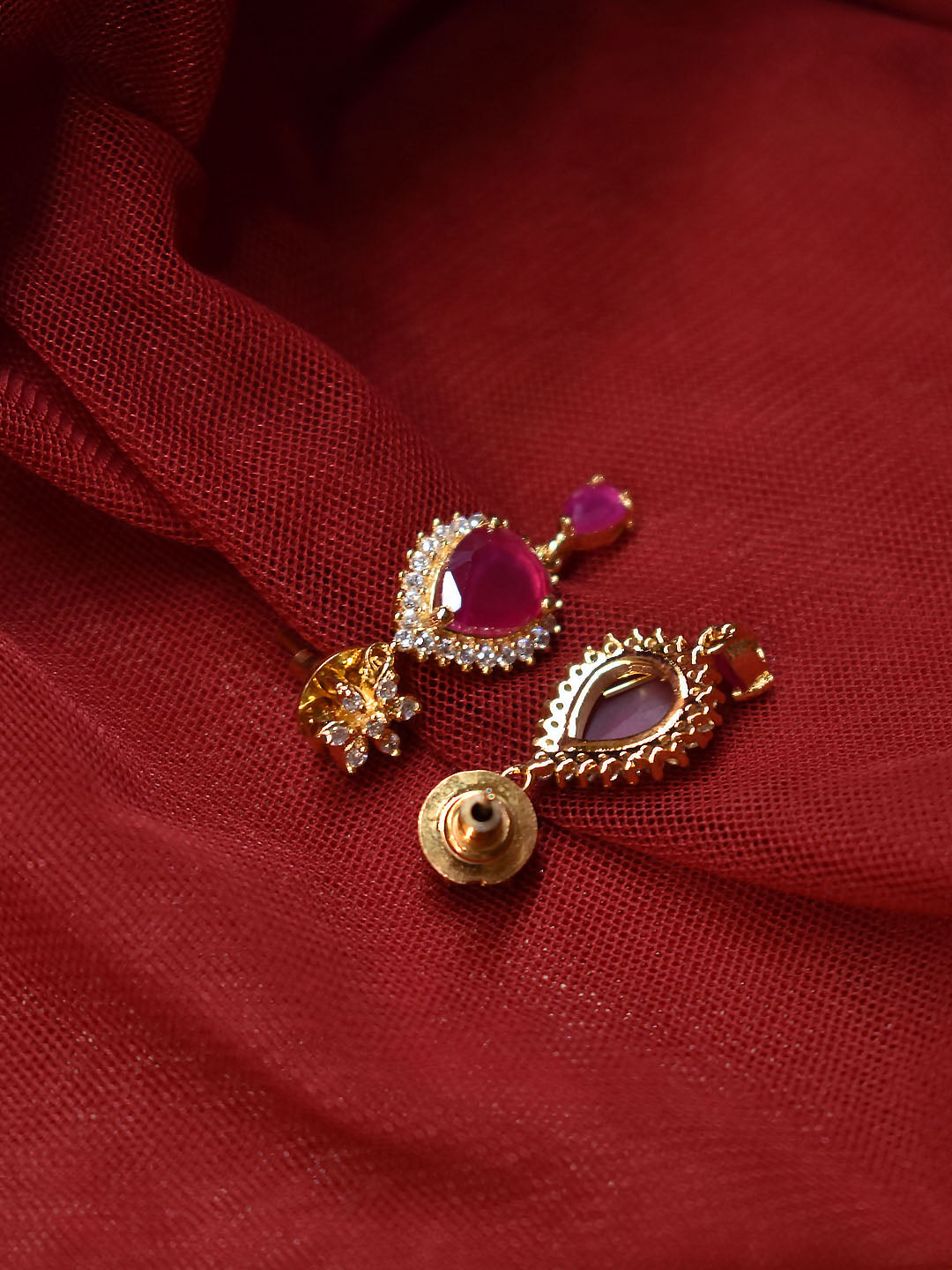 High Quality Gold Plated Floral Design Stud With Tear Drop Design Pink Color Ruby Stone Drop Earring