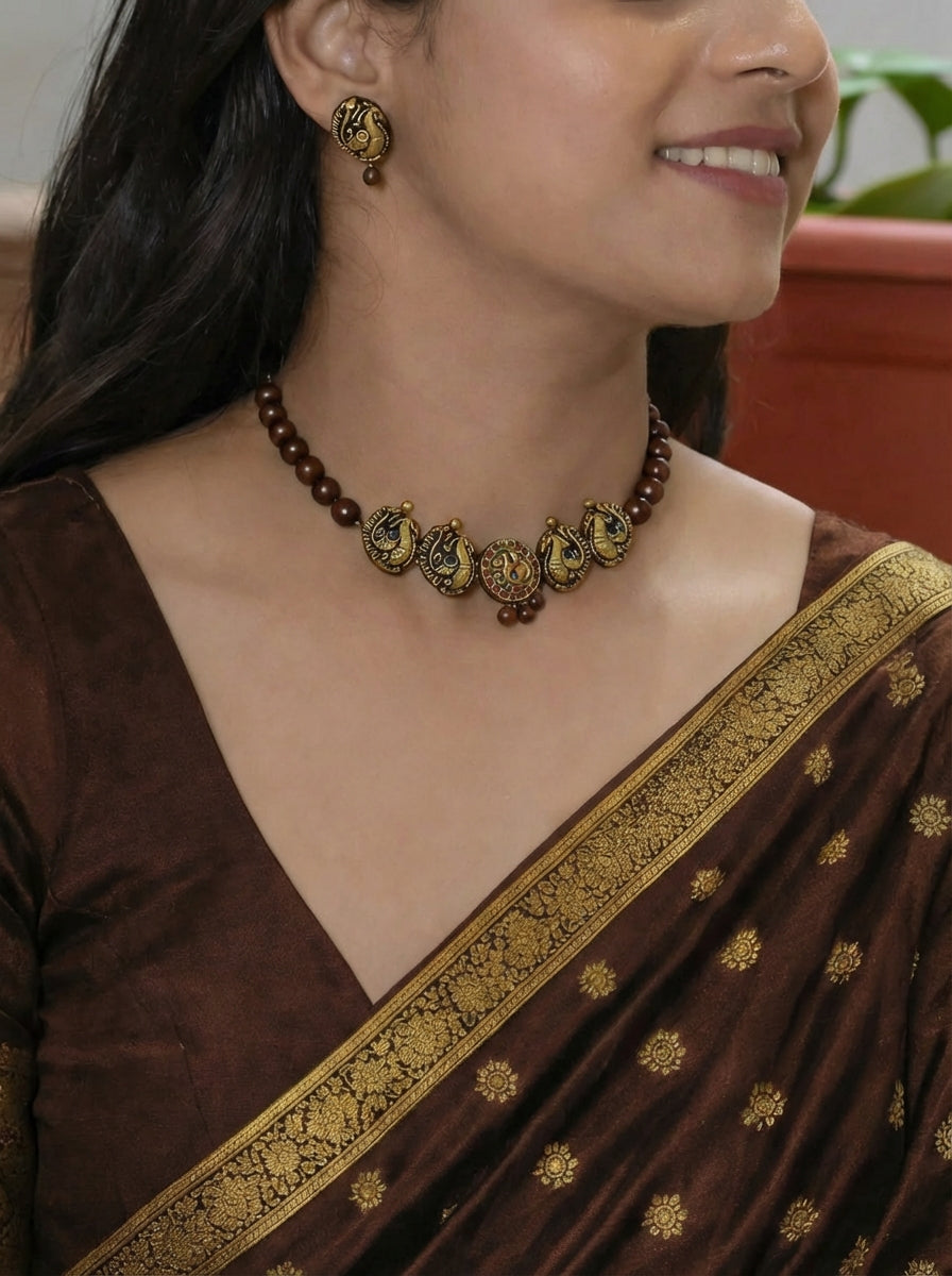 ChocoTaos 🤎 — Antique Gold / Chocolate Brown Beaded Peacock Motifs Choker Set