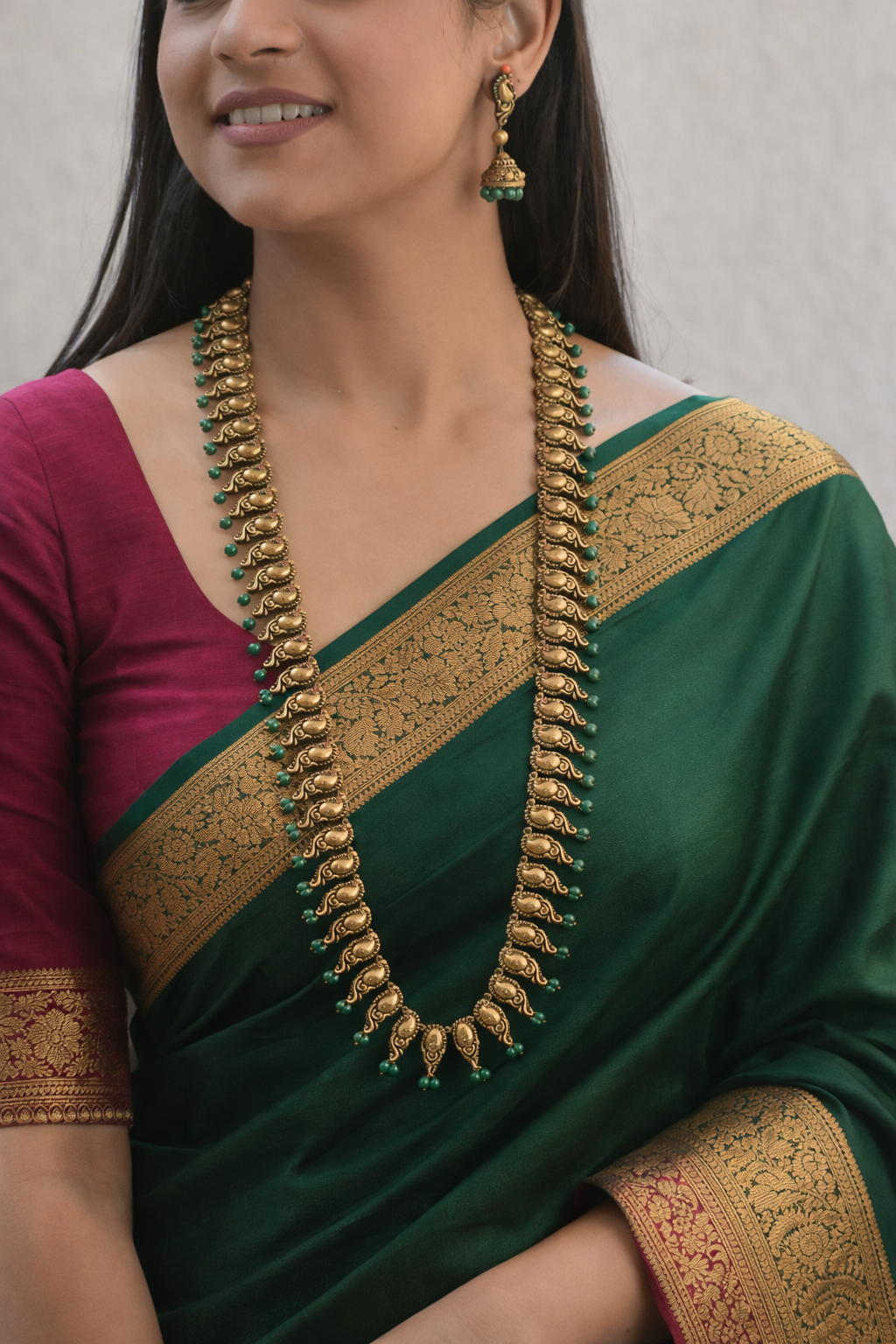 MayurValli 💚 — Antique Gold/Emerald Peacock Motif Bridal Long Haaram Temple Necklace Set