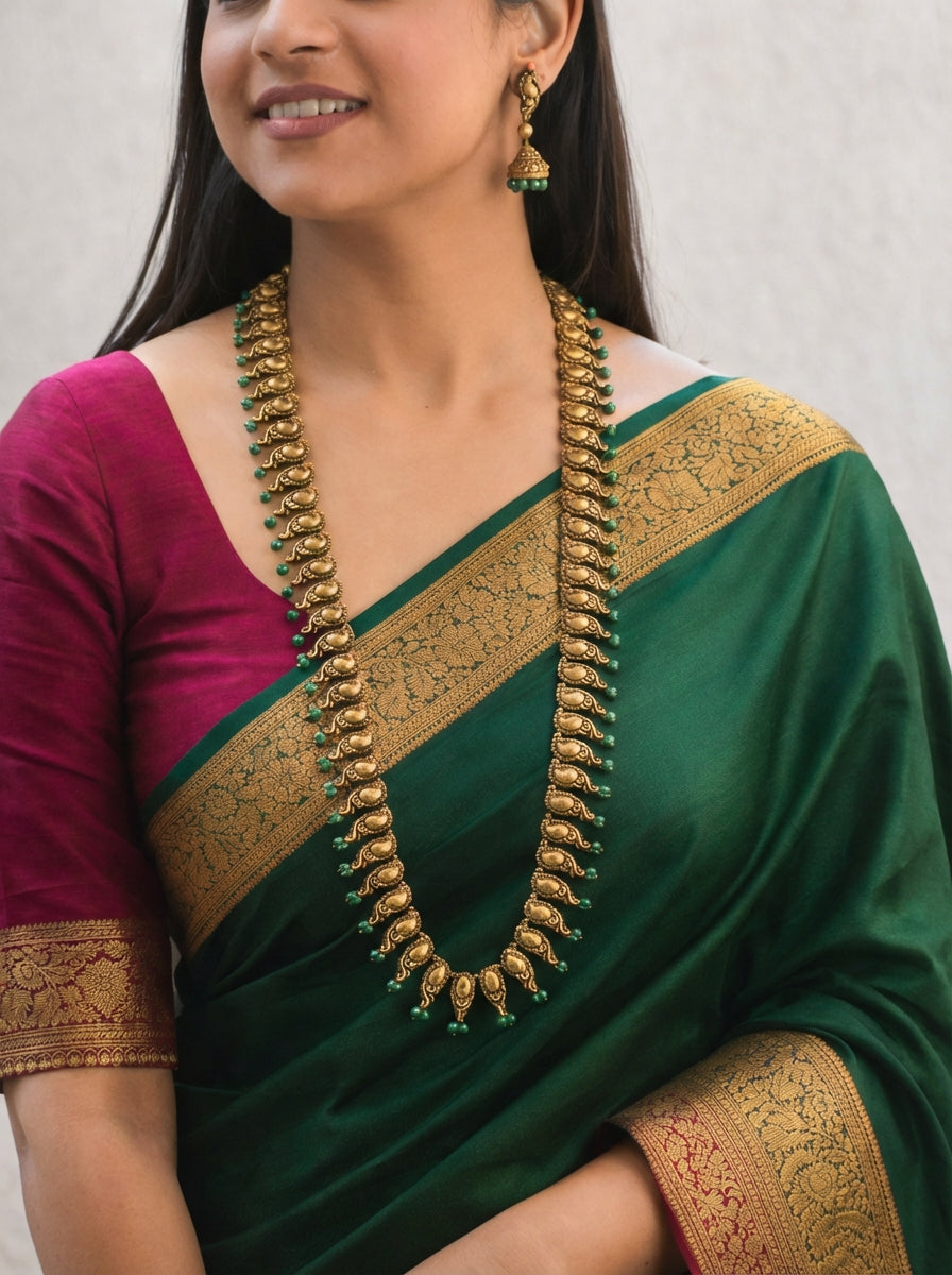 MayurValli 💚 — Antique Gold/Emerald Peacock Motif Bridal Long Haaram Temple Necklace Set