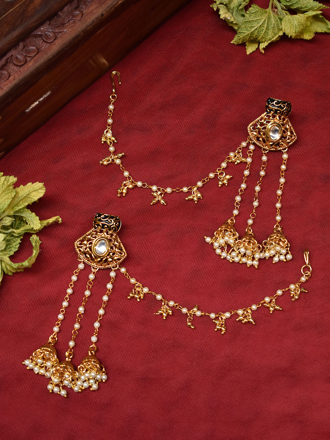 Traditional Gold Plated Black Enamel Painted Pot Design Stud With Layered Pearls Hanging Jhumkas Hair Chain Bahubali Earrings