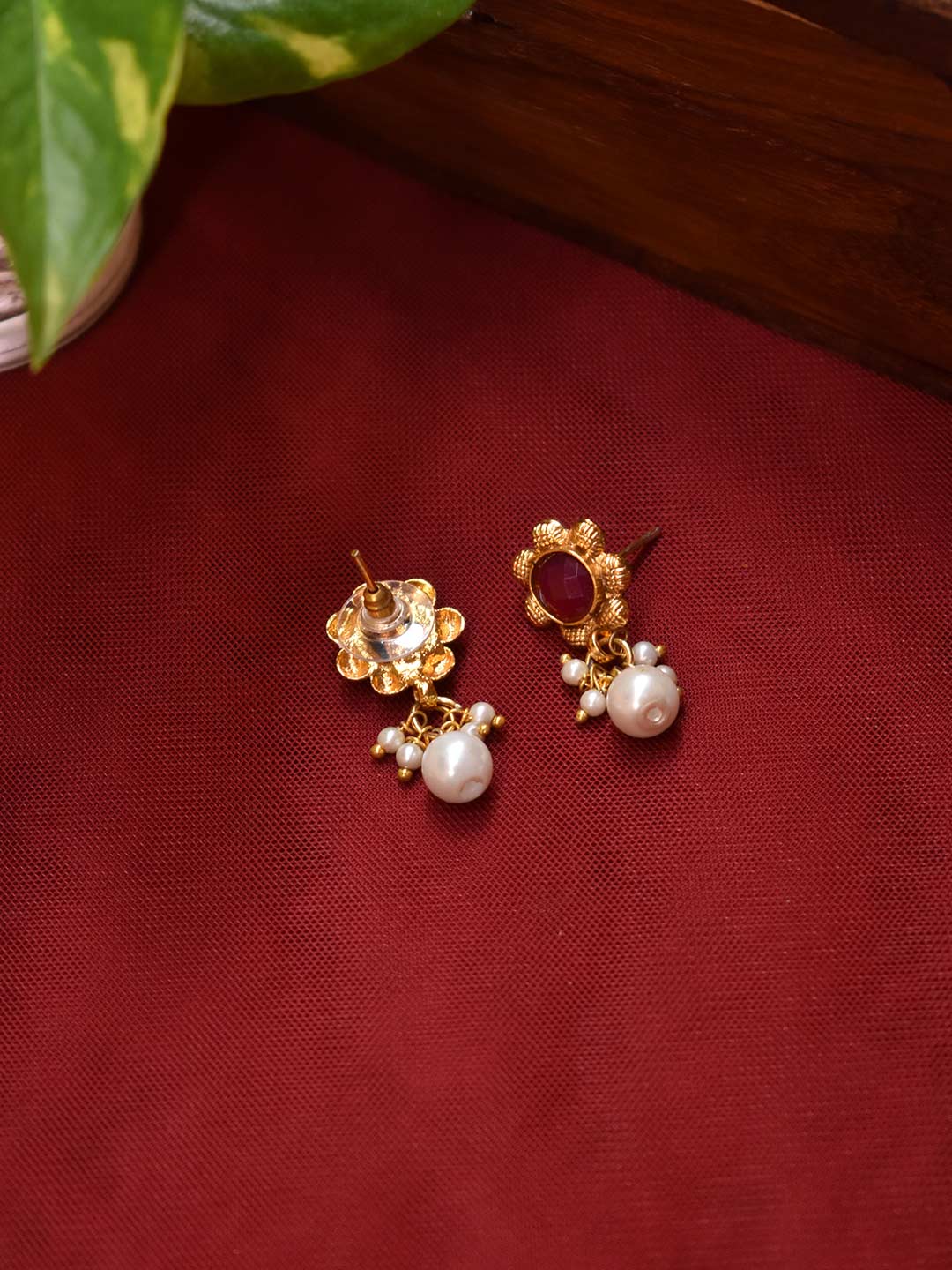 Gold Plated Floral Design Hanging Pearls Maroon Color Plastic Stone Drop Earring