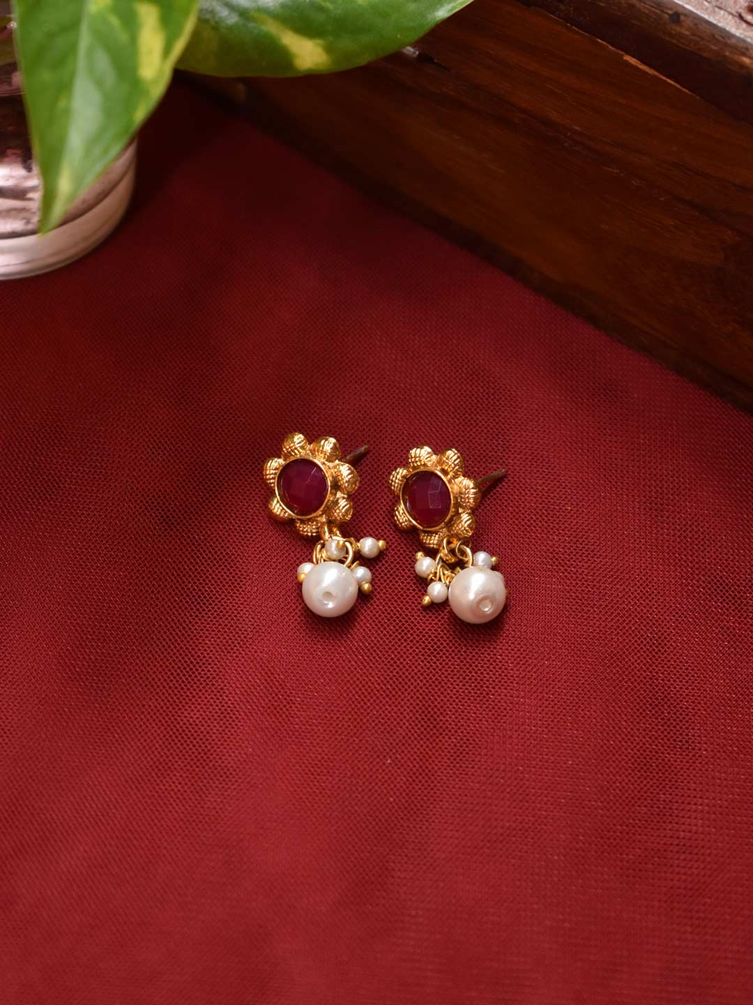 Gold Plated Floral Design Hanging Pearls Maroon Color Plastic Stone Drop Earring