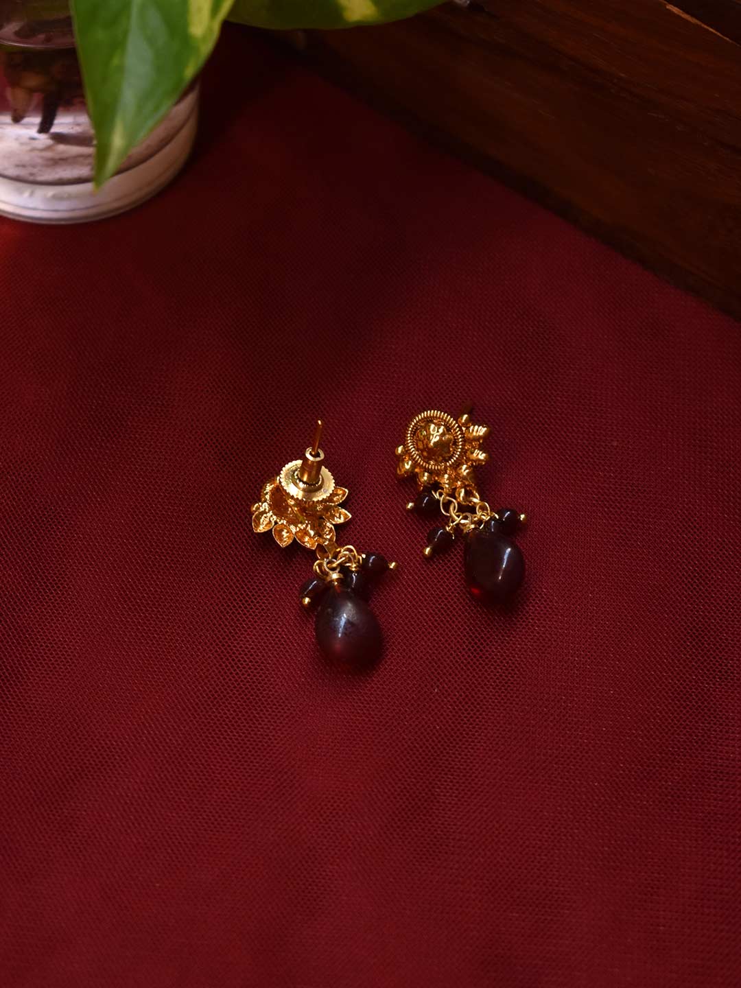 Gold Plated Circular Design With Hanging Maroon Color Beads Drop Earring