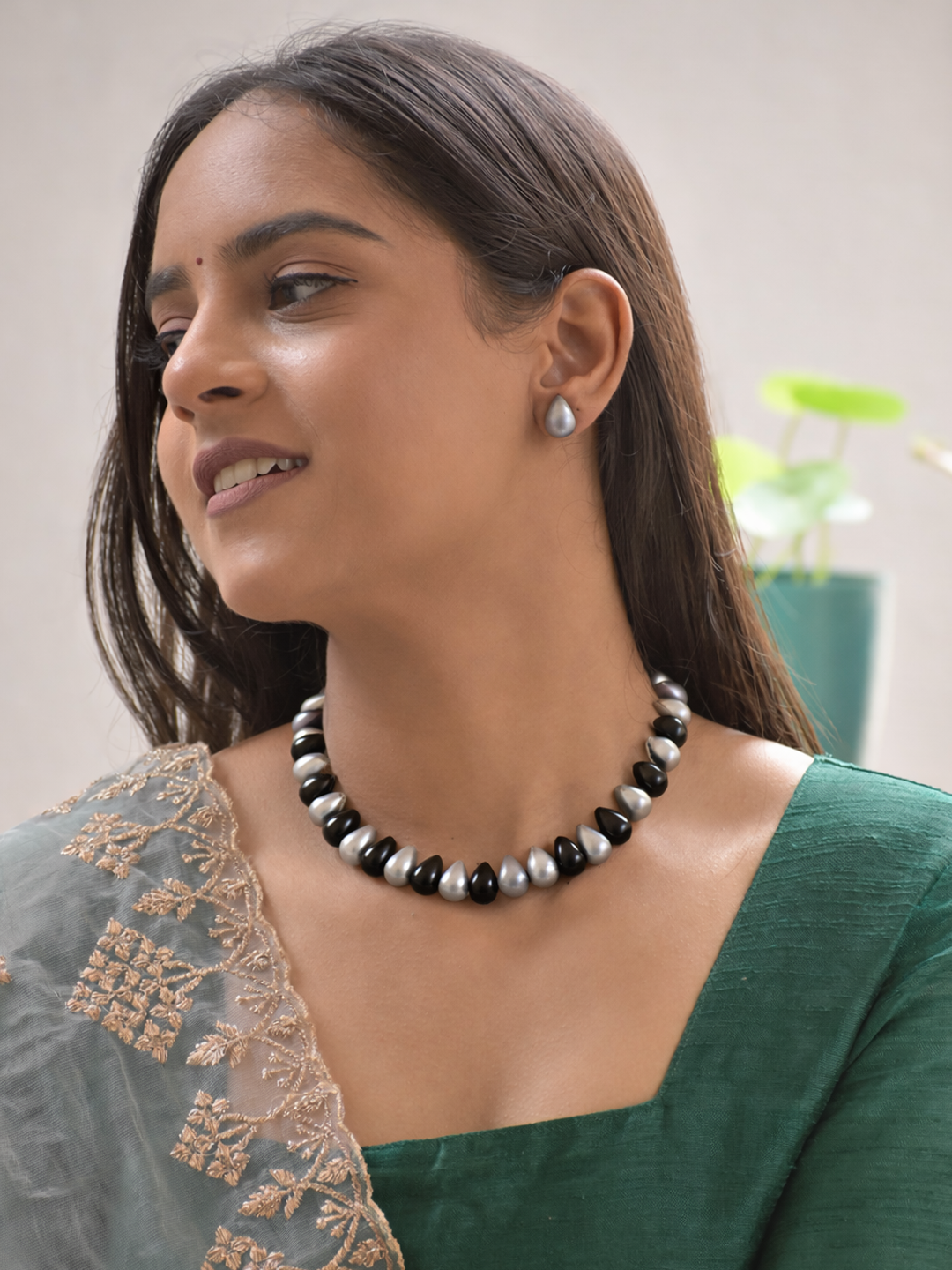 Terracotta Black & Silver Teardrop Bead Necklace Set