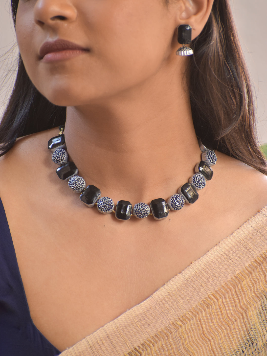 Terracotta Black and White Beaded Necklace with Floral Motifs and Matching Earrings