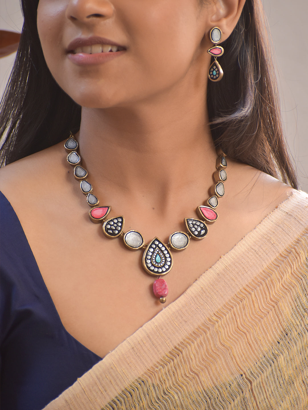 Terracotta Teardrop Pendant Necklace with Multicolor Detailing with Earrings