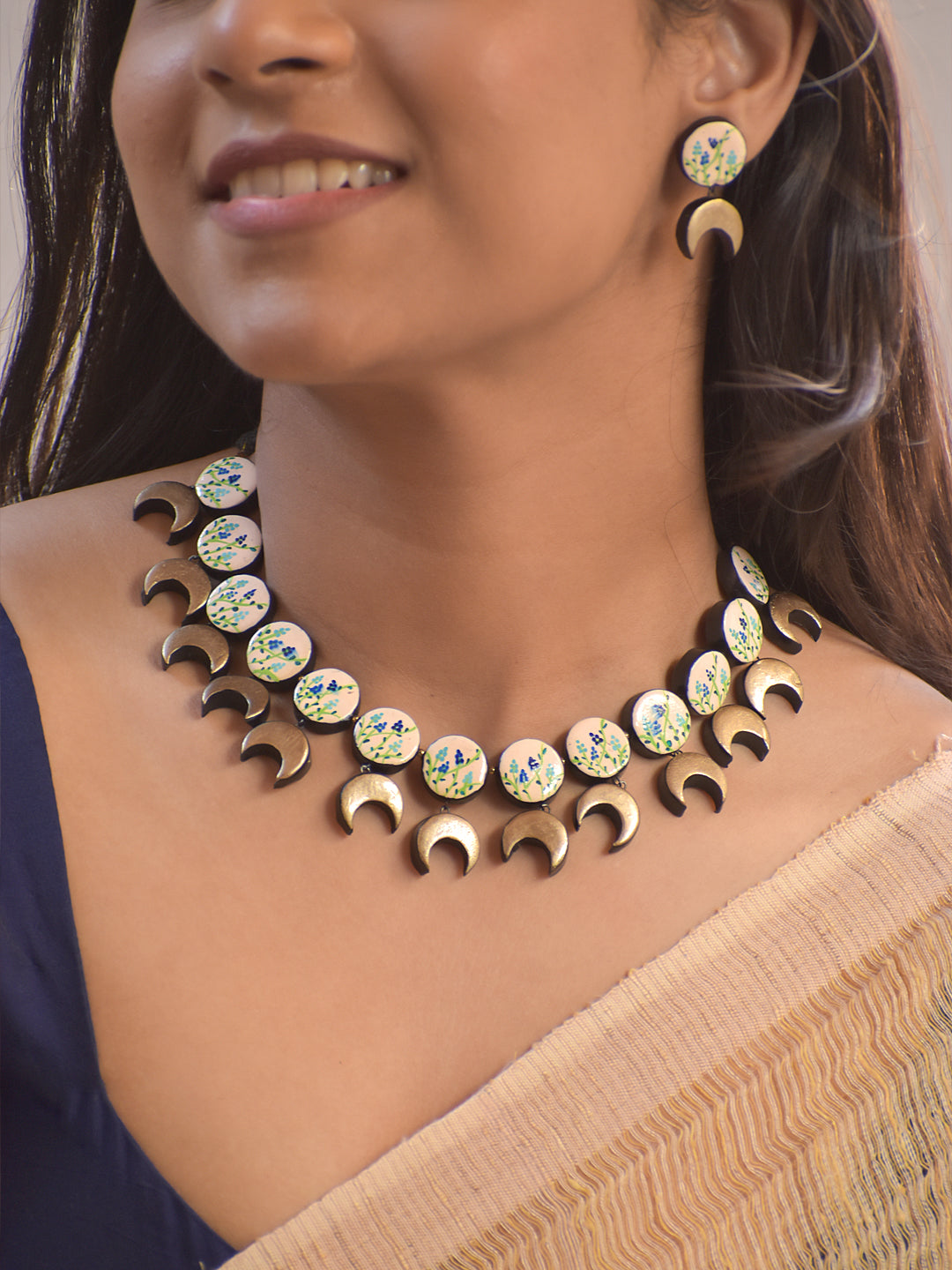 Moonchild🌙 — Terracotta Crescent Moon and Floral Handpainted Necklace Set with Earrings