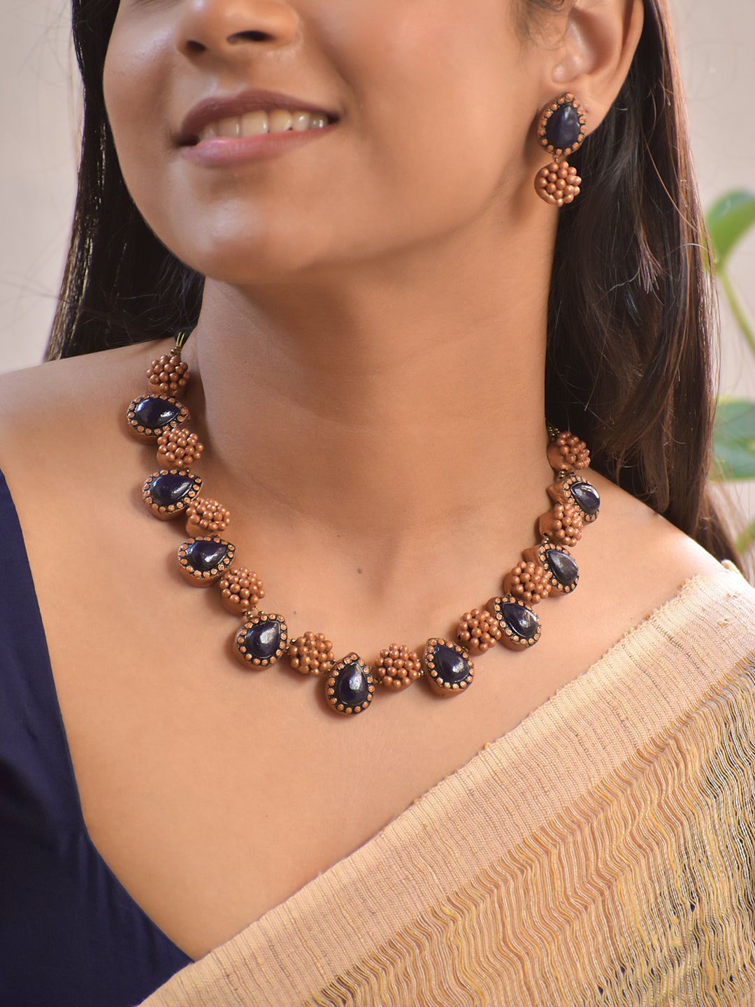 Terracotta Golden Beaded Necklace with Black Teardrop Pendants with Matching Earrings